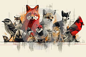 Artistic Representation of Woodland Creatures with Red Fox in Abstract Style