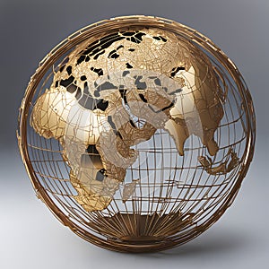 An artistic representation of the world, featuring a gold globe with a wire frame and a map of the continents.