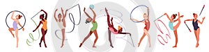 Artistic rhythmic gymnasts. Acrobatic girls with ribbons, balls and hoops, flexibility and lightness, professional