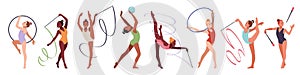 Artistic rhythmic gymnasts. Acrobatic girls with ribbons, balls and hoops, flexibility and lightness, professional photo