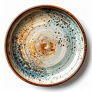 Artistic Round Ceramic Plate with Brown Rim on White Background for Kitchen Decoration