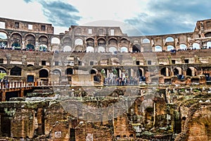 Artistic ruins of Roman Colosseum or coloseum an ancient gladiator Amphitheatre in Rome Italy