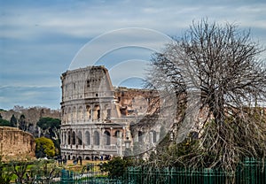 Artistic ruins of Roman Colosseum or coloseum an ancient gladiator Amphitheatre in Rome Italy