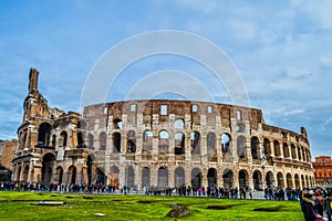 Artistic ruins of Roman Colosseum or coloseum an ancient gladiator Amphitheatre in Rome Italy