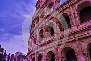 Artistic ruins of Roman Colosseum or coloseum an ancient gladiator Amphitheatre in Rome Italy