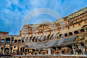 Artistic ruins of Roman Colosseum or coloseum an ancient gladiator Amphitheatre in Rome Italy