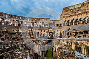 Artistic ruins of Roman Colosseum or coloseum an ancient gladiator Amphitheatre in Rome Italy