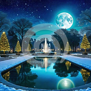 an artistic scene with a pond and columns in the middle of the and a full moon in the sky above the with and stars and clouds and