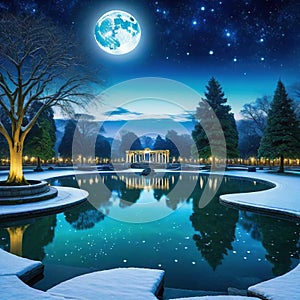 an artistic scene with a pond and columns in the middle of the and a full moon in the sky above the with and stars and clouds and