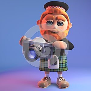Artistic Scottish man in tartan kilt takes photos with his camera, 3d illustration