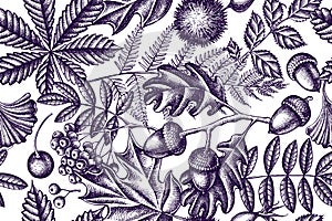 Artistic seamless pattern with fern, dog rose, rowan, ginkgo, maple, oak, horse chestnut, chestnut, hawthorn