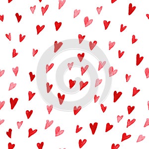 Artistic seamless pattern with watercolor hand drawn hearts isolated on white background.