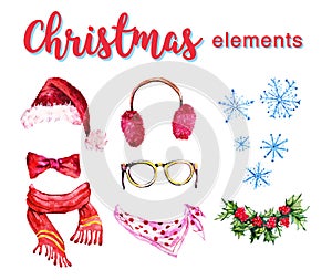 Artistic set of hand drawn watercolor winter objects isolated on white background - santa hat, furry headphones, holly wreath, sca