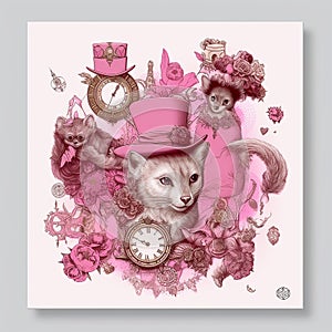 artistic set of pink steampunk animals, watercolor clip art , on white background, created with artificial intelligence,