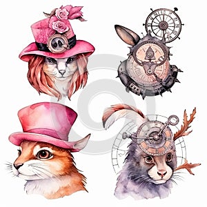 artistic set of pink steampunk animals, watercolor clip art , on white background, created with artificial intelligence,