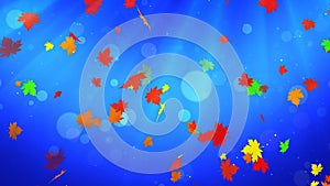 Artistic Shape Falling Autumn Leaves In The Wind With Flying Glitter Dust Circle Bokeh On Blue Light Burst Background 3D