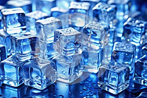 Ice cubes in blue light. An abstract background of ice cubes under blue lighting photo