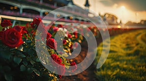 An artistic shot of the winner's circle at the Kentucky Derby, focusing on the garland of roses waiting to be draped