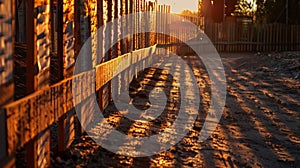 An artistic shot of a wooden fence adorned with construction notices casting a shadow on the ground as the sun sets photo