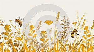 Artistic silhouette of bees in flight among golden wildflowers against a white background, symbolizing pollination