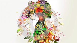 Artistic silhouette of a woman adorned with flowers and butterflies in her hair