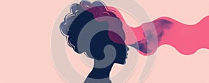 Artistic silhouette of a woman's profile with flowing pink abstract cloud, representing creativity, imagination, and