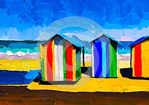 An artistic sketch showing colourful beach huts by the seaside