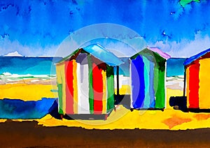 An artistic sketch showing colourful beach huts by the seaside
