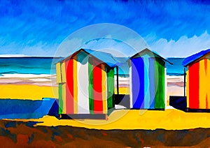 An artistic sketch showing colourful beach huts by the seaside