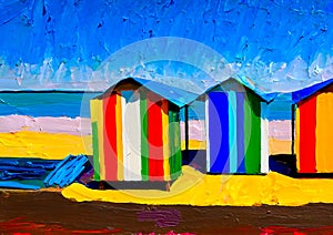 An artistic sketch showing colourful beach huts by the seaside