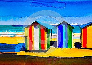 An artistic sketch showing colourful beach huts by the seaside