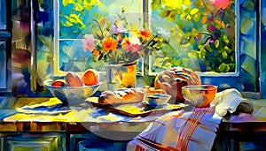 An artistic sketch of a still life set up showing baked bread in a kitchen with a vase of flowers