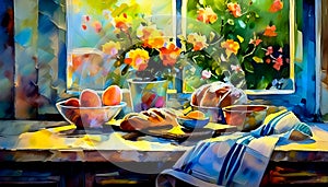 An artistic sketch of a still life set up showing baked bread in a kitchen with a vase of flowers