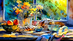 An artistic sketch of a still life set up showing baked bread in a kitchen with a vase of flowers