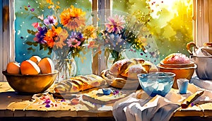 An artistic sketch of a still life set up showing baked bread in a kitchen with a vase of flowers