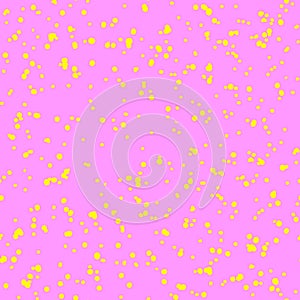 Artistic splash vector seamless pattern. Abstract spray texture or background. Yellow paint spots, dots on pink backdrop