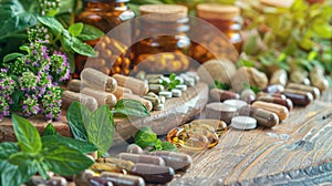 An artistic still life captures the essence of a classic herbal apothecary. Vintage books lay beneath a glass bottle and