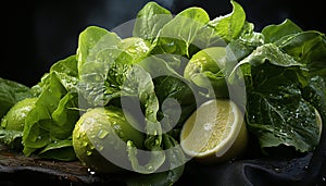 Artistic still life of green lettuces leaves with lemons