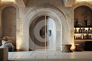 Artistic style white castle design of a room interior with a medieval wood door, stone archways and rustic wood shelving.