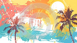 Artistic summertime background with palm trees, sun heat. Artistic brush stroke. Good vibes only
