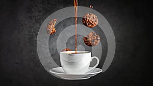 Dynamic zero-gravity coffee-pour with floating croissant and mug.