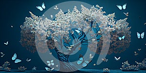 Artistic surrealism tree with white flowers and butterflies on a blue