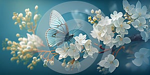 Artistic surrealism tree with white flowers and butterflies on a blue