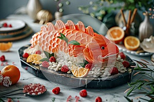 Artistic Sushi Presentation Featuring a Salmon Shaped Sashimi Platter with Citrus and Berries