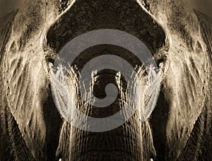 Artistic Symmetrical Elephant Portrait In Sepia Tone With Dramatic Backlighting