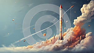 An artistic take on a growth chart with a rocket suspended in midair, signifying the fastpaced and soaring success of a