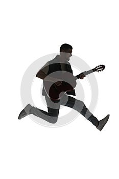 Artistic, talented young man playing guitar isolated on white background. Black and white image.