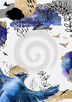 Artistic template for design. Watercolor composition with birds and plants