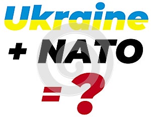 Artistic text, inscription Ukraine + NATO = ? Lettering. Vector graphics.