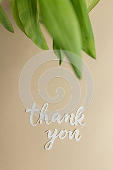 Artistic Thank You Note with Green Leaves Over Beige